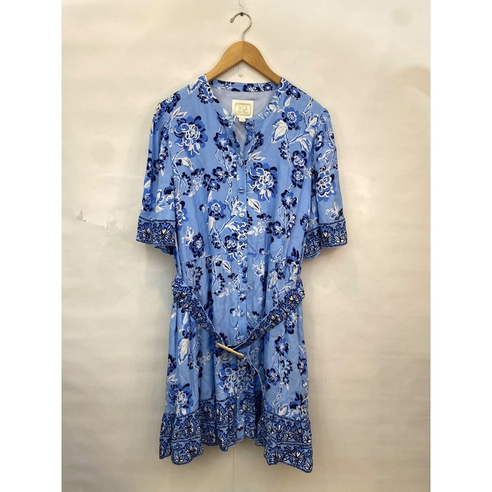 Sail to Sable Blue Floral Belted Ruffle Hem Shirt Dress Style Charade Size XXL - Picture 2 of 7